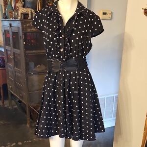 Vintage R Wish Black & White Polka Dot Swing Tule Skirt Dress W Belt XL